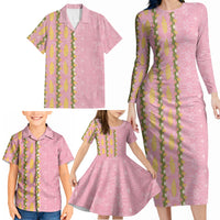 Hawaii Shell Tiare Anthurium Heliconia Lei Family Matching Long Sleeve Bodycon Dress and Hawaiian Shirt With Tapa Pattern Baby Pink LT05 - Polynesian Pride