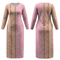 Hawaii Shell Tiare Anthurium Heliconia Lei Family Matching Long Sleeve Bodycon Dress and Hawaiian Shirt With Tapa Pattern Baby Pink LT05 Mom's Dress Pink - Polynesian Pride