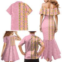 Hawaii Shell Tiare Anthurium Heliconia Lei Family Matching Mermaid Dress and Hawaiian Shirt With Tapa Pattern Baby Pink