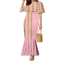 Hawaii Shell Tiare Anthurium Heliconia Lei Family Matching Mermaid Dress and Hawaiian Shirt With Tapa Pattern Baby Pink