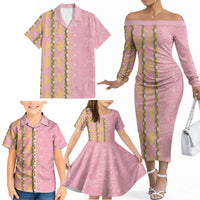 Hawaii Shell Tiare Anthurium Heliconia Lei Family Matching Off The Shoulder Long Sleeve Dress and Hawaiian Shirt With Tapa Pattern Baby Pink LT05 - Polynesian Pride