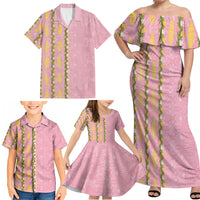 Hawaii Shell Tiare Anthurium Heliconia Lei Family Matching Off Shoulder Maxi Dress and Hawaiian Shirt With Tapa Pattern Baby Pink LT05 - Polynesian Pride