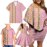 Hawaii Shell Tiare Anthurium Heliconia Lei Family Matching Off Shoulder Short Dress and Hawaiian Shirt With Tapa Pattern Baby Pink LT05 - Polynesian Pride