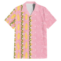 Hawaii Shell Tiare Anthurium Heliconia Lei Family Matching Off Shoulder Short Dress and Hawaiian Shirt With Tapa Pattern Baby Pink
