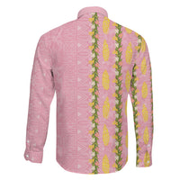 Hawaii Shell Tiare Anthurium Heliconia Lei Family Matching Off Shoulder Short Dress and Hawaiian Shirt With Tapa Pattern Baby Pink