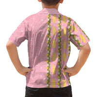 Hawaii Shell Tiare Anthurium Heliconia Lei Family Matching Puletasi and Hawaiian Shirt With Tapa Pattern Baby Pink
