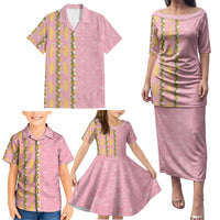 Hawaii Shell Tiare Anthurium Heliconia Lei Family Matching Puletasi and Hawaiian Shirt With Tapa Pattern Baby Pink LT05 - Polynesian Pride