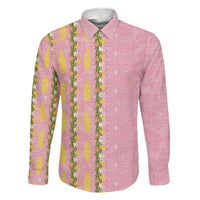 Hawaii Shell Tiare Anthurium Heliconia Lei Family Matching Puletasi and Hawaiian Shirt With Tapa Pattern Baby Pink