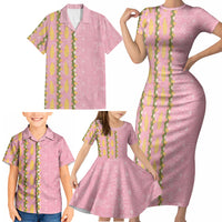 Hawaii Shell Tiare Anthurium Heliconia Lei Family Matching Short Sleeve Bodycon Dress and Hawaiian Shirt With Tapa Pattern Baby Pink LT05 - Polynesian Pride