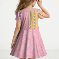 Hawaii Shell Tiare Anthurium Heliconia Lei Kid Short Sleeve Dress With Tapa Pattern Baby Pink LT05 - Polynesian Pride