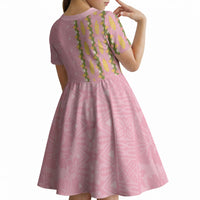 Hawaii Shell Tiare Anthurium Heliconia Lei Kid Short Sleeve Dress With Tapa Pattern Baby Pink LT05 - Polynesian Pride