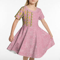 Hawaii Shell Tiare Anthurium Heliconia Lei Kid Short Sleeve Dress With Tapa Pattern Baby Pink LT05 - Polynesian Pride