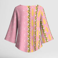Hawaii Shell Tiare Anthurium Heliconia Lei Kimono Sleeve Blouse With Tapa Pattern Baby Pink