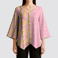 Hawaii Shell Tiare Anthurium Heliconia Lei Kimono Sleeve Blouse With Tapa Pattern Baby Pink