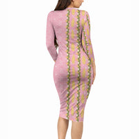 Hawaii Shell Tiare Anthurium Heliconia Lei Long Sleeve Bodycon Dress With Tapa Pattern Baby Pink LT05 - Polynesian Pride