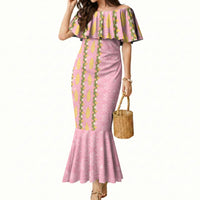 Hawaii Shell Tiare Anthurium Heliconia Lei Mermaid Dress With Tapa Pattern Baby Pink LT05 Women Pink - Polynesian Pride