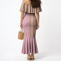 Hawaii Shell Tiare Anthurium Heliconia Lei Mermaid Dress With Tapa Pattern Baby Pink LT05 - Polynesian Pride
