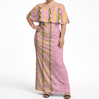 Hawaii Shell Tiare Anthurium Heliconia Lei Off Shoulder Maxi Dress With Tapa Pattern Baby Pink LT05 Women Pink - Polynesian Pride