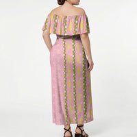 Hawaii Shell Tiare Anthurium Heliconia Lei Off Shoulder Maxi Dress With Tapa Pattern Baby Pink LT05 - Polynesian Pride