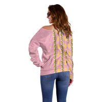 Hawaii Shell Tiare Anthurium Heliconia Lei Off Shoulder Sweater With Tapa Pattern Baby Pink