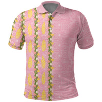 Hawaii Shell Tiare Anthurium Heliconia Lei Polo Shirt With Tapa Pattern Baby Pink LT05 Pink - Polynesian Pride