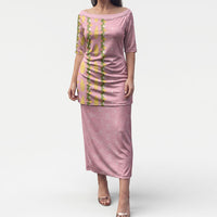Hawaii Shell Tiare Anthurium Heliconia Lei Puletasi With Tapa Pattern Baby Pink LT05 Long Dress Pink - Polynesian Pride