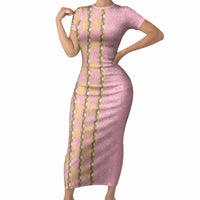 Hawaii Shell Tiare Anthurium Heliconia Lei Short Sleeve Bodycon Dress With Tapa Pattern Baby Pink LT05 Long Dress Pink - Polynesian Pride