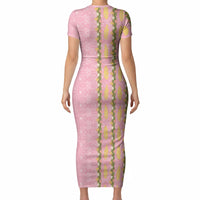 Hawaii Shell Tiare Anthurium Heliconia Lei Short Sleeve Bodycon Dress With Tapa Pattern Baby Pink LT05 - Polynesian Pride