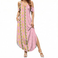 Hawaii Shell Tiare Anthurium Heliconia Lei Summer Maxi Dress With Tapa Pattern Baby Pink LT05 Women Pink - Polynesian Pride