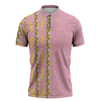 Hawaii Shell Tiare Anthurium Heliconia Lei Zipper Polo Shirt With Tapa Pattern Baby Pink LT05 Pink - Polynesian Pride