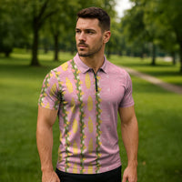 Hawaii Shell Tiare Anthurium Heliconia Lei Zipper Polo Shirt With Tapa Pattern Baby Pink LT05 - Polynesian Pride