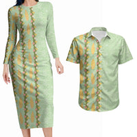 Hawaii Shell Tiare Anthurium Heliconia Lei Couples Matching Long Sleeve Bodycon Dress and Hawaiian Shirt With Tapa Pattern Baby Green LT05 Green - Polynesian Pride