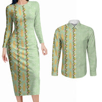 Hawaii Shell Tiare Anthurium Heliconia Lei Couples Matching Long Sleeve Bodycon Dress and Long Sleeve Button Shirt With Tapa Pattern Baby Green LT05 Green - Polynesian Pride