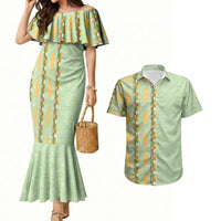 Hawaii Shell Tiare Anthurium Heliconia Lei Couples Matching Mermaid Dress and Hawaiian Shirt With Tapa Pattern Baby Green LT05 Green - Polynesian Pride