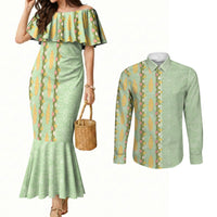 Hawaii Shell Tiare Anthurium Heliconia Lei Couples Matching Mermaid Dress and Long Sleeve Button Shirt With Tapa Pattern Baby Green LT05 Green - Polynesian Pride
