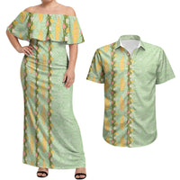 Hawaii Shell Tiare Anthurium Heliconia Lei Couples Matching Off Shoulder Maxi Dress and Hawaiian Shirt With Tapa Pattern Baby Green LT05 Green - Polynesian Pride