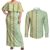 Hawaii Shell Tiare Anthurium Heliconia Lei Couples Matching Off Shoulder Maxi Dress and Long Sleeve Button Shirt With Tapa Pattern Baby Green LT05 Green - Polynesian Pride