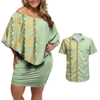 Hawaii Shell Tiare Anthurium Heliconia Lei Couples Matching Off Shoulder Short Dress and Hawaiian Shirt With Tapa Pattern Baby Green LT05 Green - Polynesian Pride
