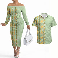Hawaii Shell Tiare Anthurium Heliconia Lei Couples Matching Off The Shoulder Long Sleeve Dress and Hawaiian Shirt With Tapa Pattern Baby Green LT05 Green - Polynesian Pride