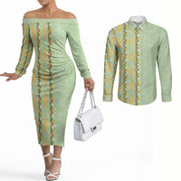 Hawaii Shell Tiare Anthurium Heliconia Lei Couples Matching Off The Shoulder Long Sleeve Dress and Long Sleeve Button Shirt With Tapa Pattern Baby Green LT05 Green - Polynesian Pride
