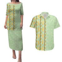 Hawaii Shell Tiare Anthurium Heliconia Lei Couples Matching Puletasi and Hawaiian Shirt With Tapa Pattern Baby Green