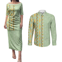 Hawaii Shell Tiare Anthurium Heliconia Lei Couples Matching Puletasi and Long Sleeve Button Shirt With Tapa Pattern Baby Green LT05 Green - Polynesian Pride