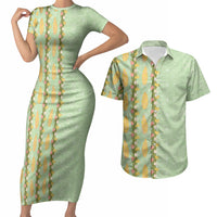 Hawaii Shell Tiare Anthurium Heliconia Lei Couples Matching Short Sleeve Bodycon Dress and Hawaiian Shirt With Tapa Pattern Baby Green LT05 Green - Polynesian Pride