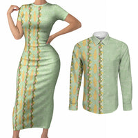 Hawaii Shell Tiare Anthurium Heliconia Lei Couples Matching Short Sleeve Bodycon Dress and Long Sleeve Button Shirt With Tapa Pattern Baby Green LT05 Green - Polynesian Pride