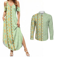 Hawaii Shell Tiare Anthurium Heliconia Lei Couples Matching Summer Maxi Dress and Long Sleeve Button Shirt With Tapa Pattern Baby Green LT05 Green - Polynesian Pride