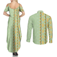 Hawaii Shell Tiare Anthurium Heliconia Lei Couples Matching Summer Maxi Dress and Long Sleeve Button Shirt With Tapa Pattern Baby Green
