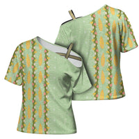 Hawaii Shell Tiare Anthurium Heliconia Lei Cross Shoulder Shirt With Tapa Pattern Baby Green