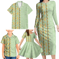 Hawaii Shell Tiare Anthurium Heliconia Lei Family Matching Long Sleeve Bodycon Dress and Hawaiian Shirt With Tapa Pattern Baby Green LT05 - Polynesian Pride