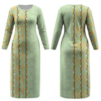 Hawaii Shell Tiare Anthurium Heliconia Lei Family Matching Long Sleeve Bodycon Dress and Hawaiian Shirt With Tapa Pattern Baby Green LT05 Mom's Dress Green - Polynesian Pride