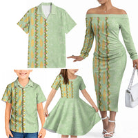 Hawaii Shell Tiare Anthurium Heliconia Lei Family Matching Off The Shoulder Long Sleeve Dress and Hawaiian Shirt With Tapa Pattern Baby Green LT05 - Polynesian Pride